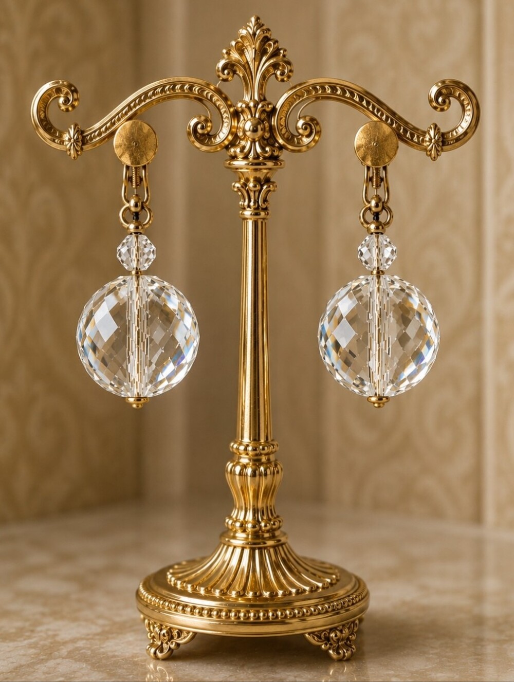 Clear Round Faceted Glass or Crystal Beads Screw Back Vintage Earrings Gold Tone